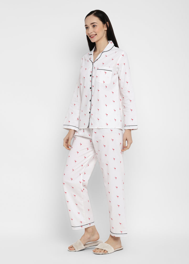 Tiny Flamingo Print Long Sleeve Women's Night Suit - Shopbloom