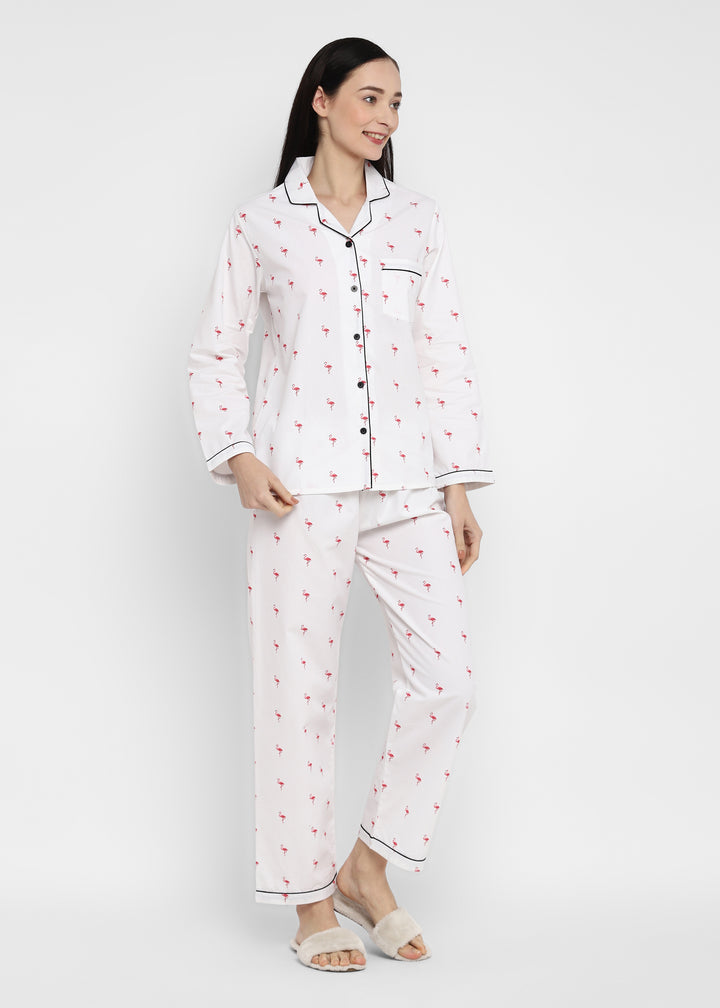 Tiny Flamingo Print Long Sleeve Women's Night Suit - Shopbloom