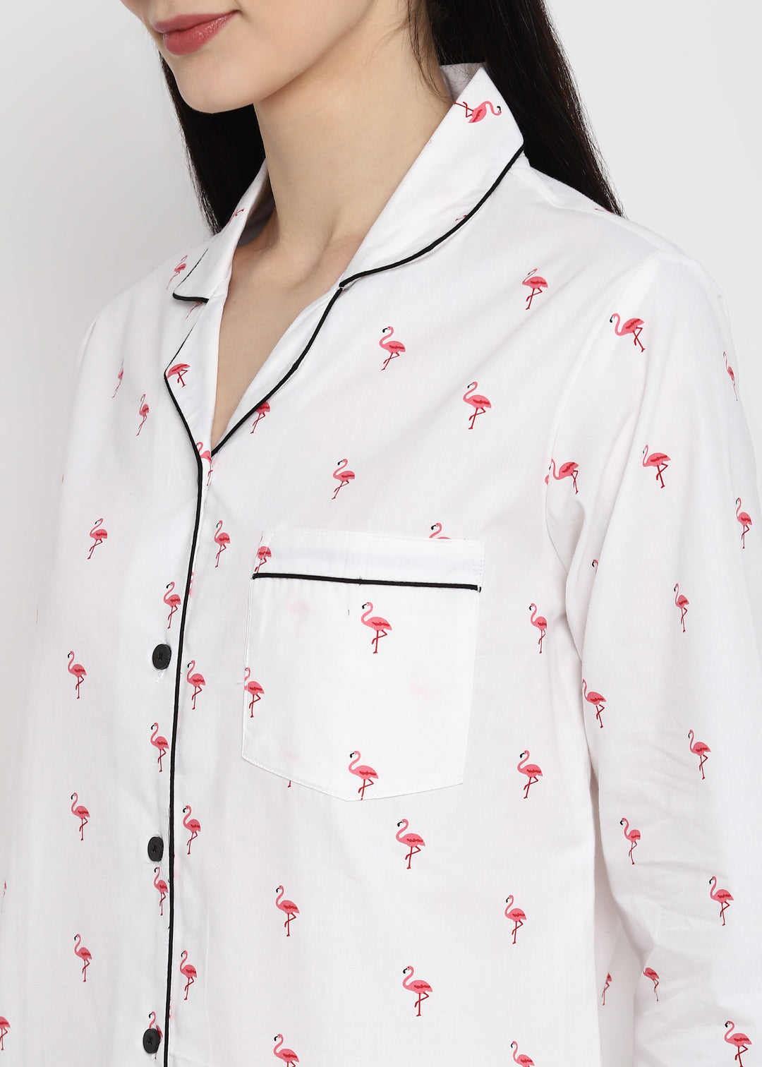 Tiny Flamingo Print Long Sleeve Women's Night Suit - Shopbloom