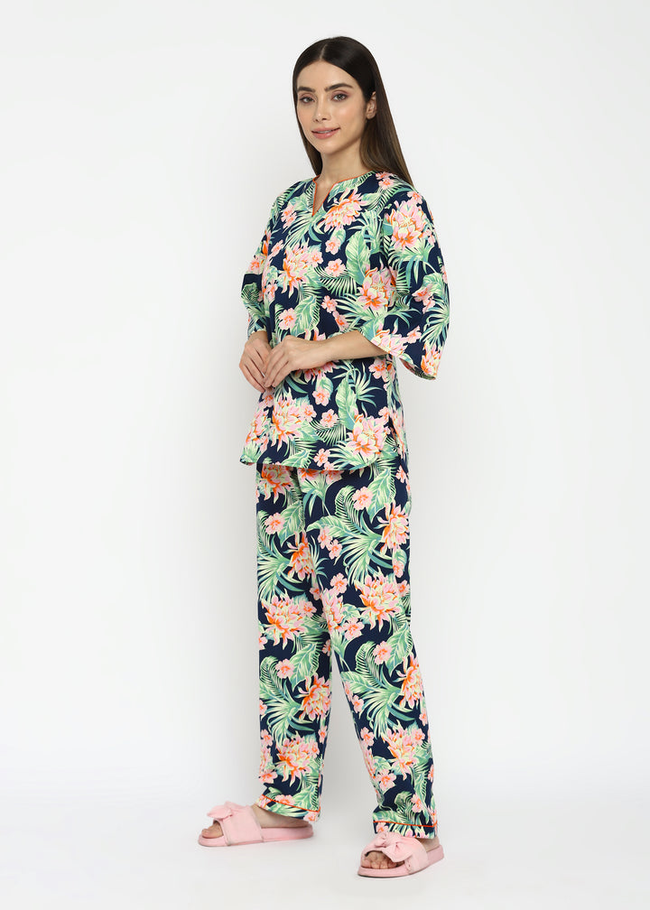 Tropical Flower Print Long Sleeve Women's V Neck Night Suit - Shopbloom