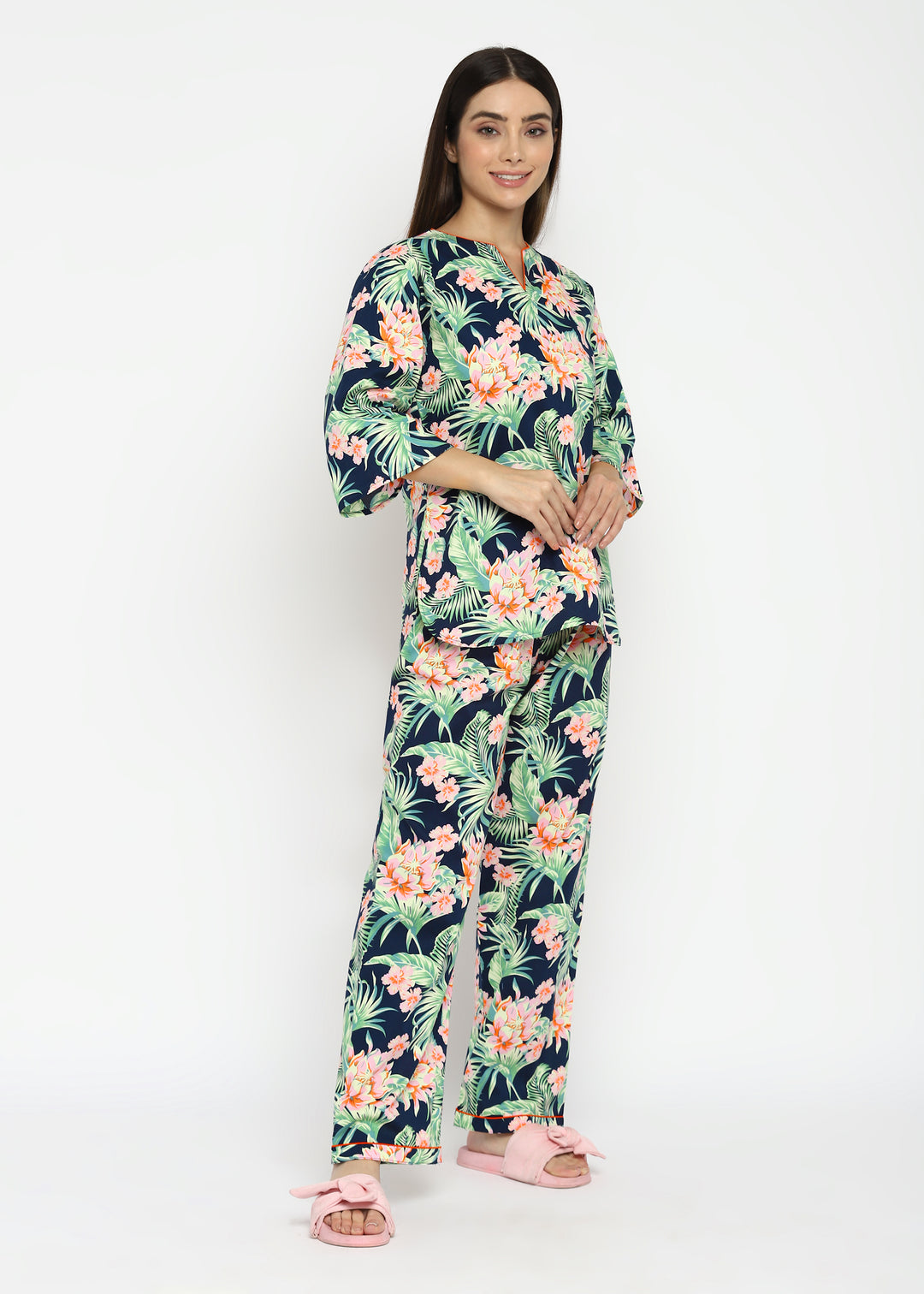 Tropical Flower Print Long Sleeve Women's V Neck Night Suit - Shopbloom