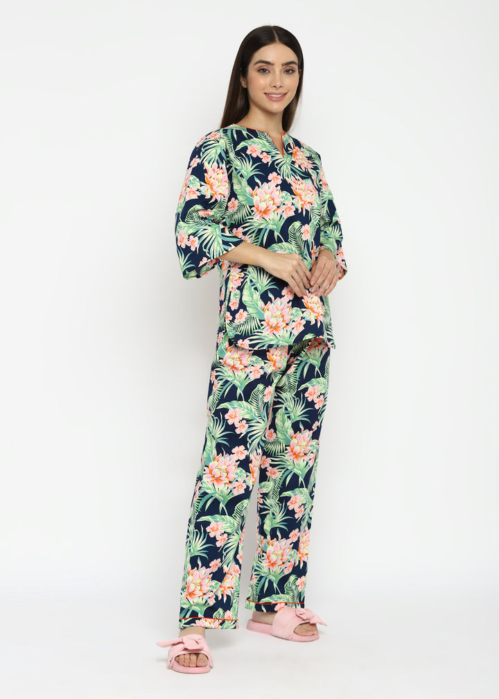 Tropical Flower Print Long Sleeve Women's V Neck Night Suit - Shopbloom