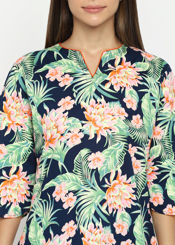 Tropical Flower Print Long Sleeve Women's V Neck Night Suit - Shopbloom