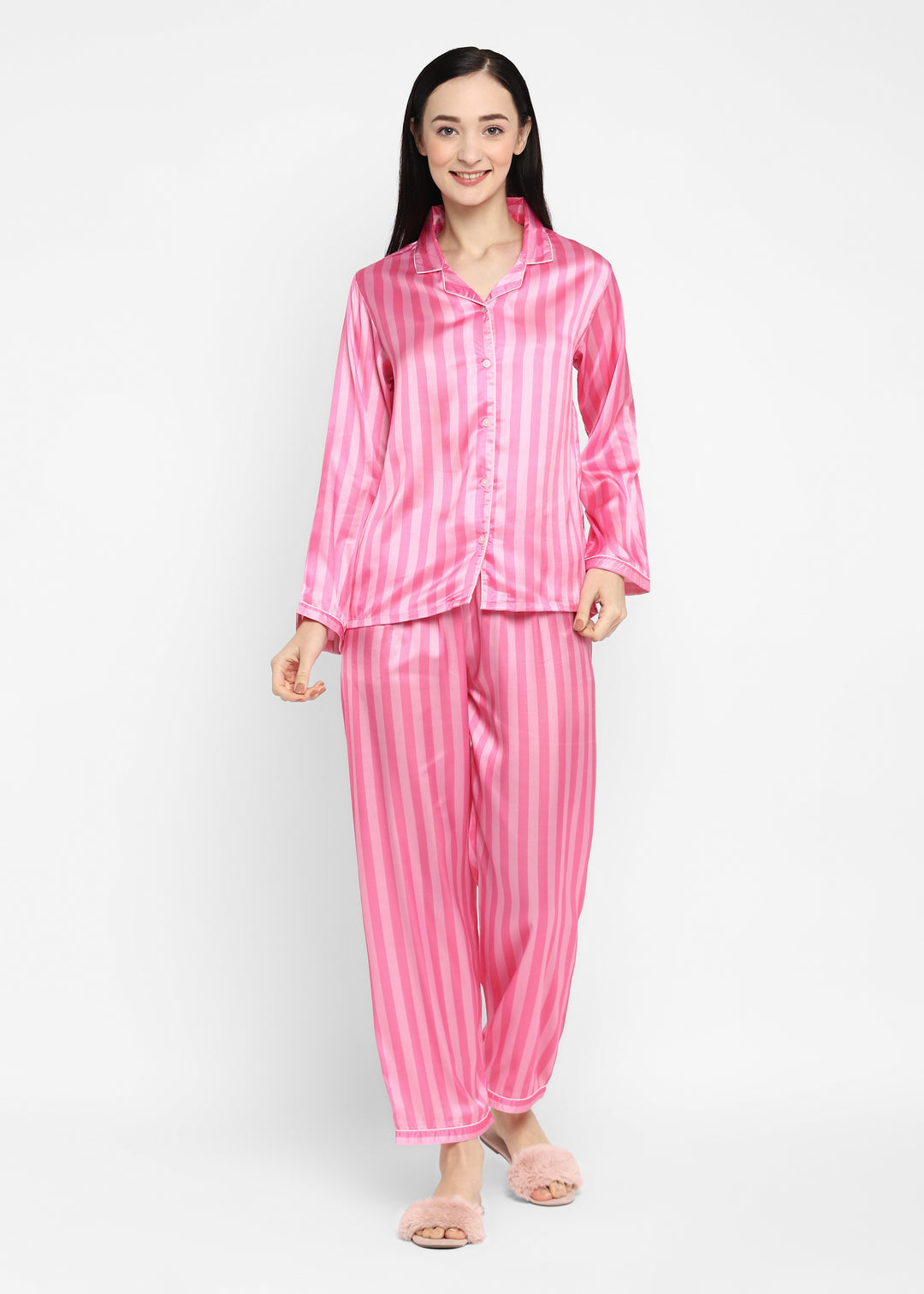 Pink Stripes Print  Long Sleeve Women's Night Suit - Shopbloom