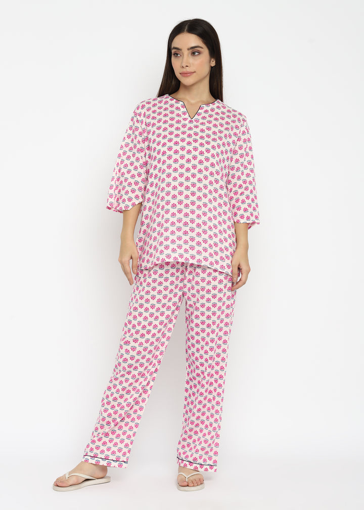 Pink Flower Print  Women's V-Neck Night Suit - Shopbloom