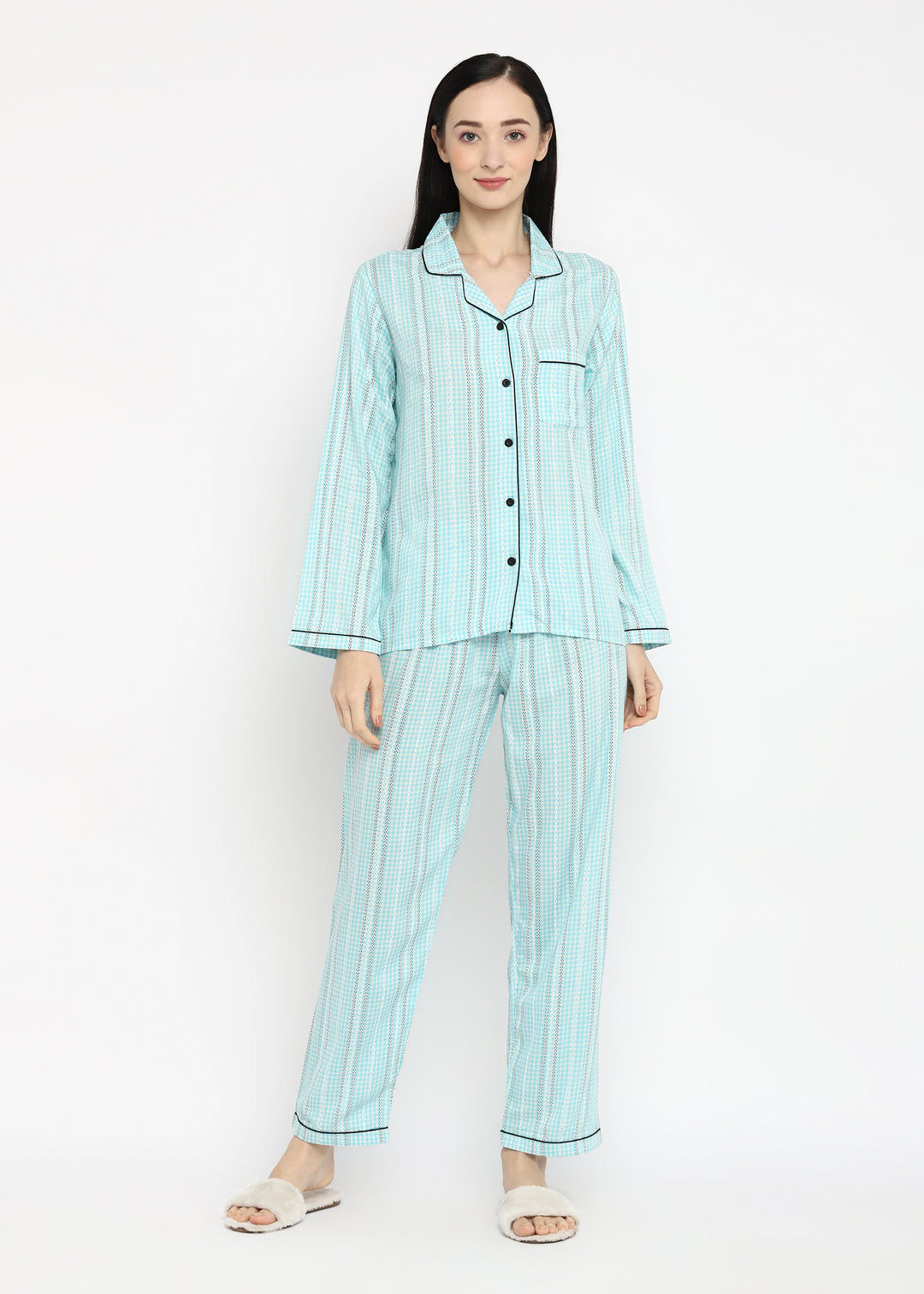 Tiny Check Print Rayon Long Sleeve Women's Night Suit - Shopbloom