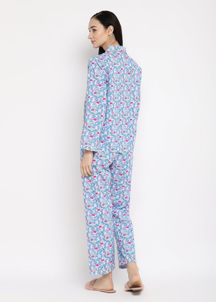 Flamingo & Pineapple Print Long Sleeve Women's Night Suit - Shopbloom
