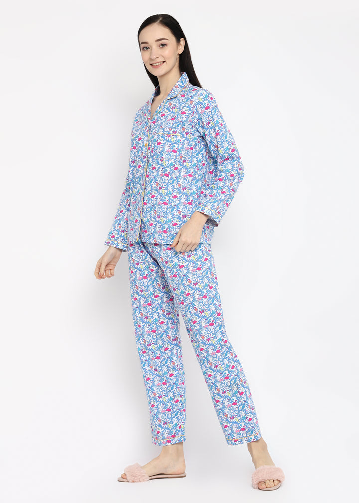 Flamingo & Pineapple Print Long Sleeve Women's Night Suit - Shopbloom
