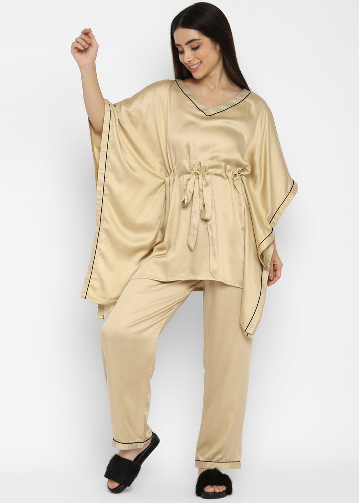 Ultra Soft Champagne Modal Satin Kaftan Night Suit - Shopbloom