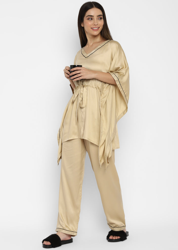 Ultra Soft Champagne Modal Satin Kaftan Night Suit - Shopbloom