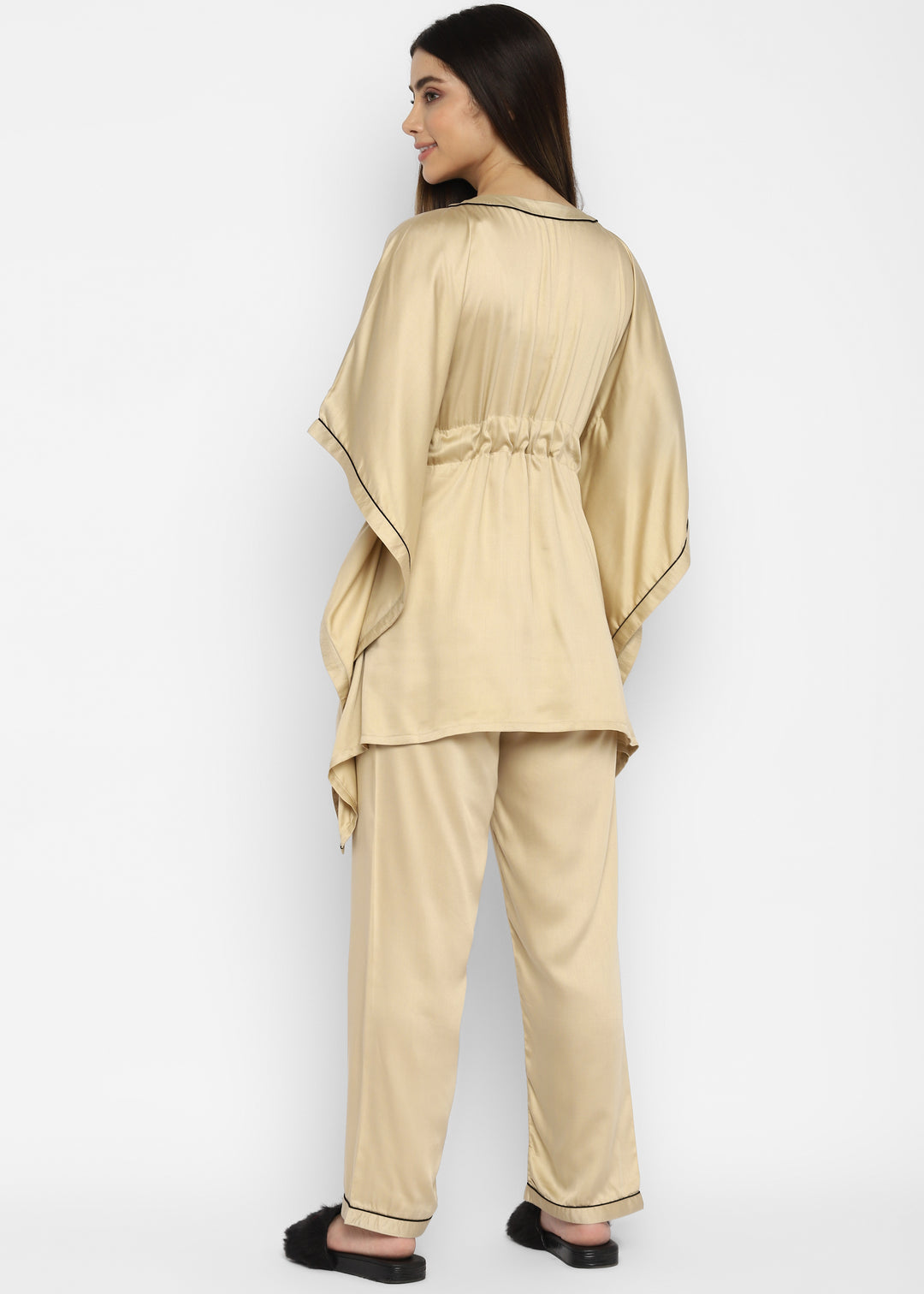 Ultra Soft Champagne Modal Satin Kaftan Night Suit - Shopbloom