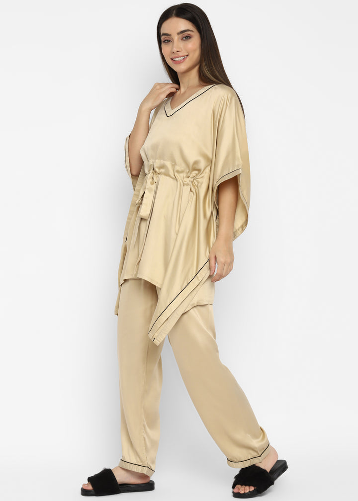 Ultra Soft Champagne Modal Satin Kaftan Night Suit - Shopbloom