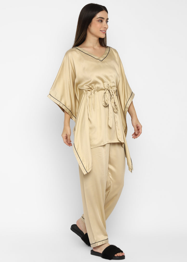 Ultra Soft Champagne Modal Satin Kaftan Night Suit - Shopbloom