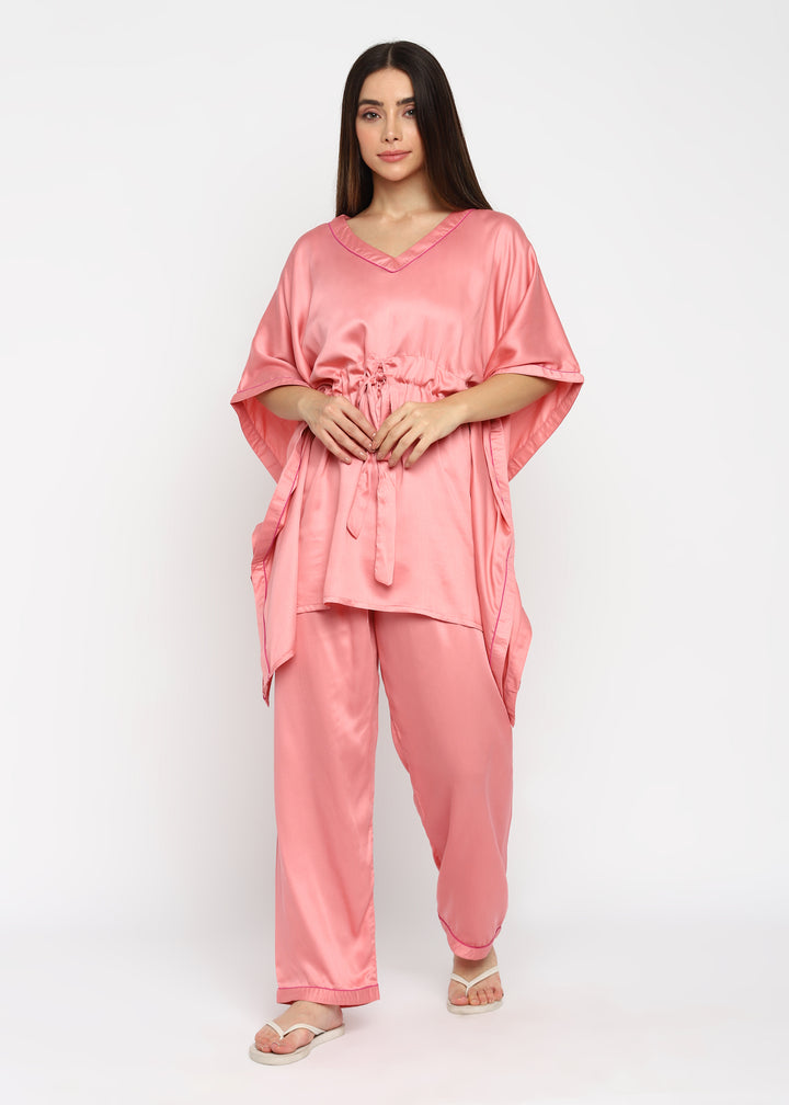 Ultra Soft Dusty Pink modal satin kaftan night Suit - Shopbloom