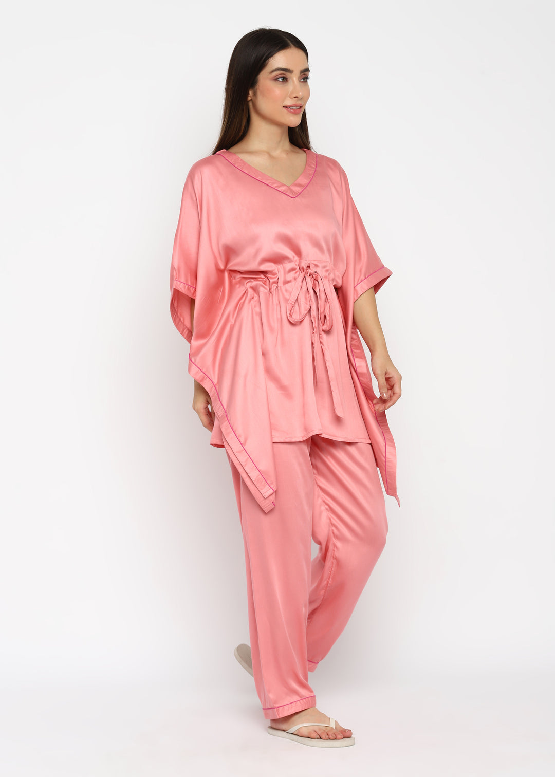 Ultra Soft Dusty Pink modal satin kaftan night Suit - Shopbloom