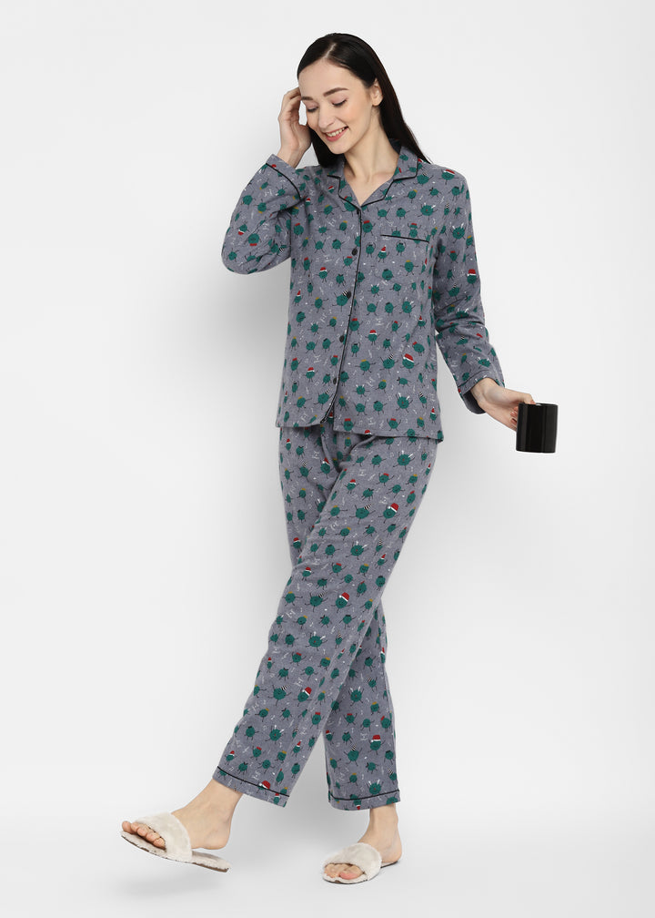 Twist & Sprout Print Cotton Flannel Long Sleeve Women's Night Suit - Shopbloom