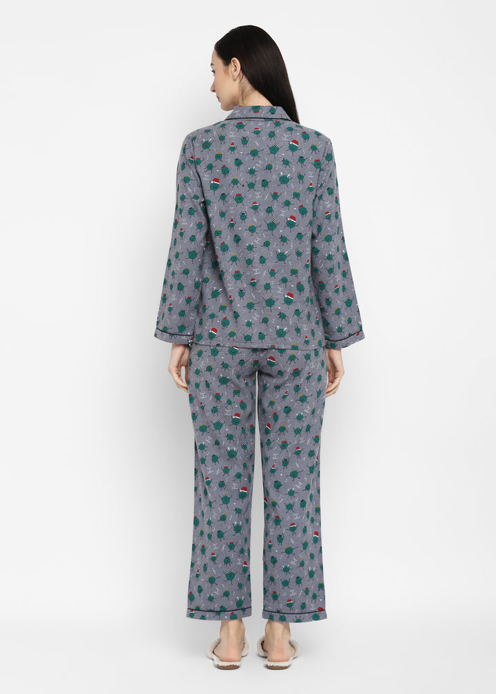 Twist & Sprout Print Cotton Flannel Long Sleeve Women's Night Suit - Shopbloom