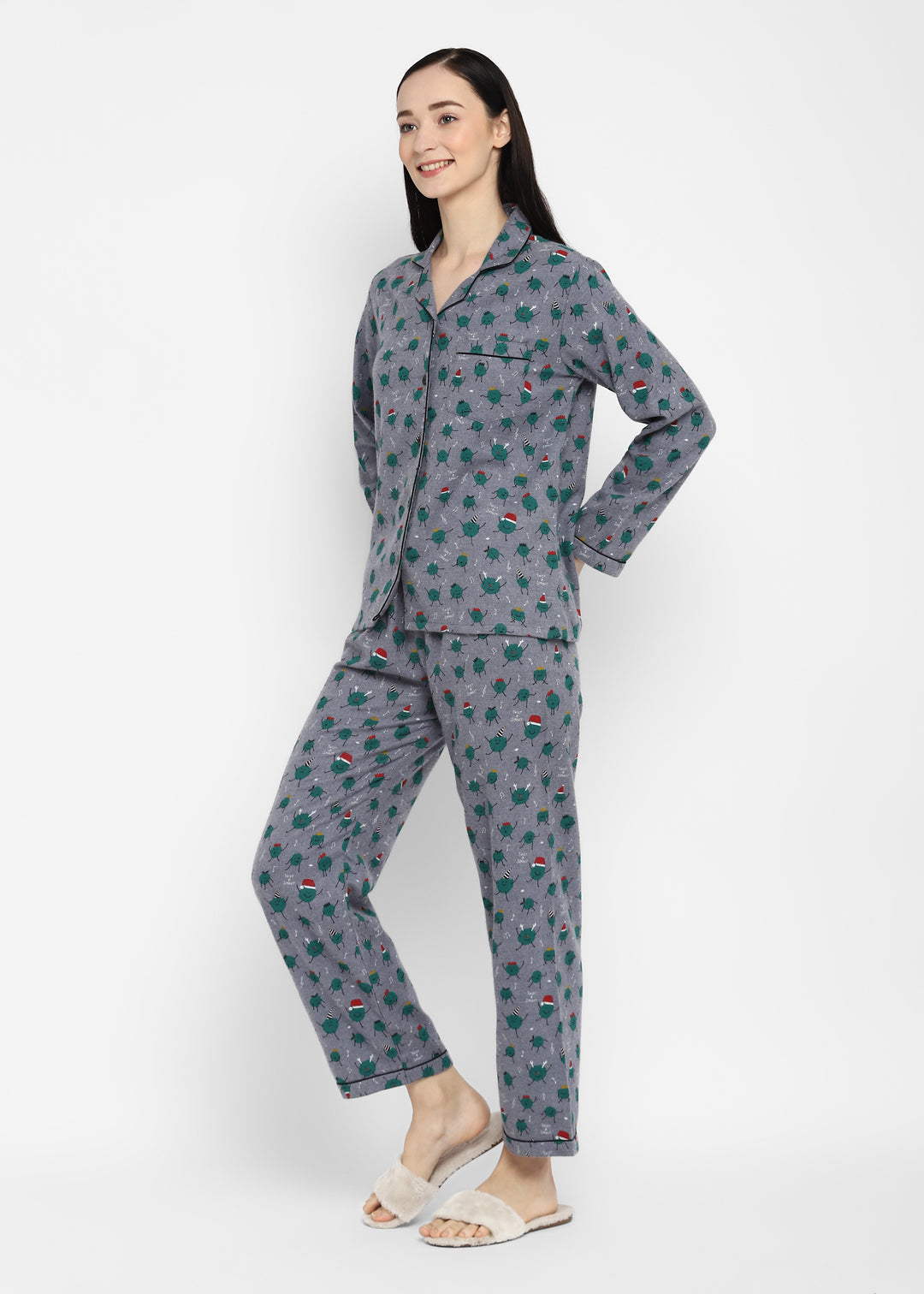 Twist & Sprout Print Cotton Flannel Long Sleeve Women's Night Suit - Shopbloom