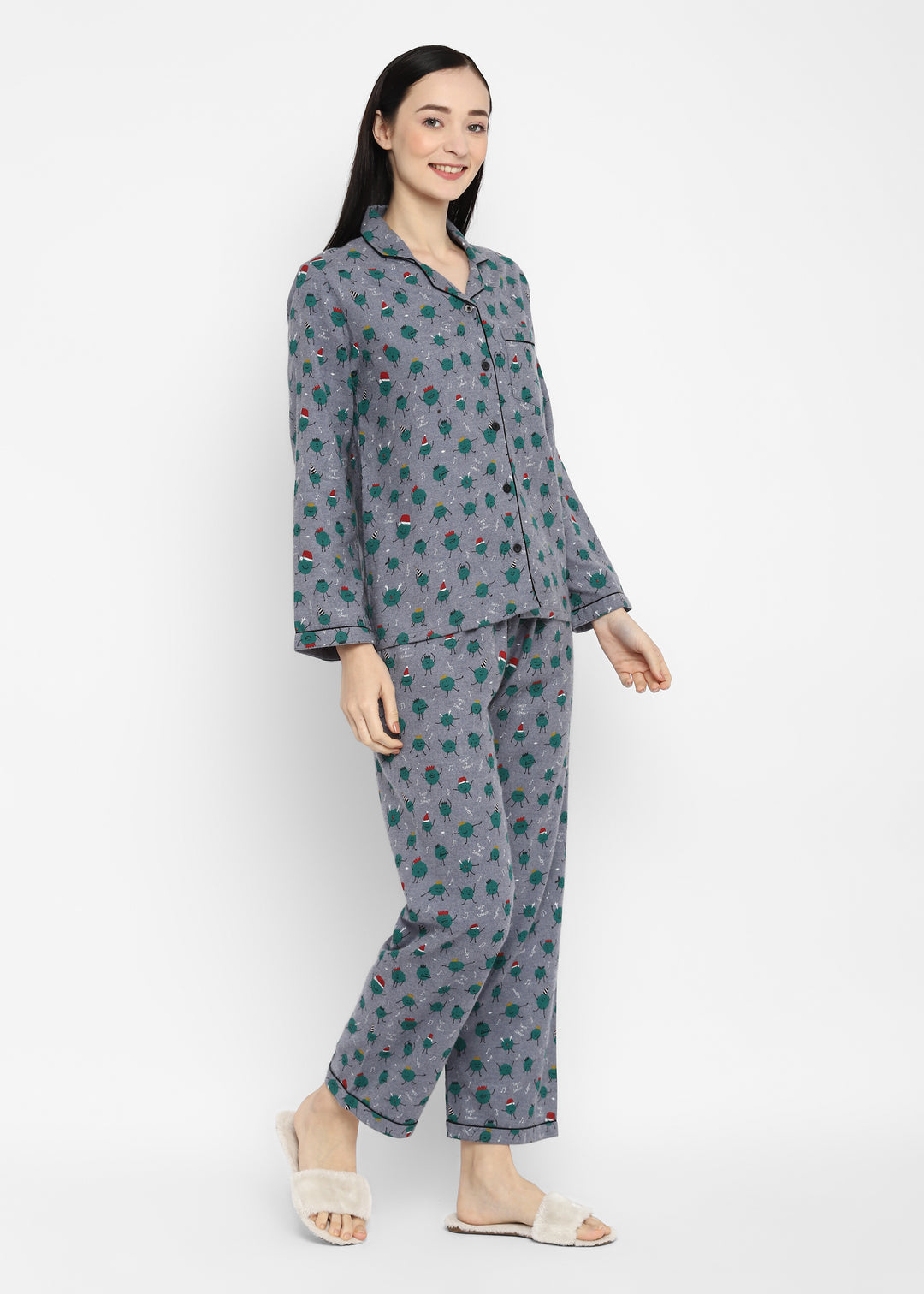 Twist & Sprout Print Cotton Flannel Long Sleeve Women's Night Suit - Shopbloom