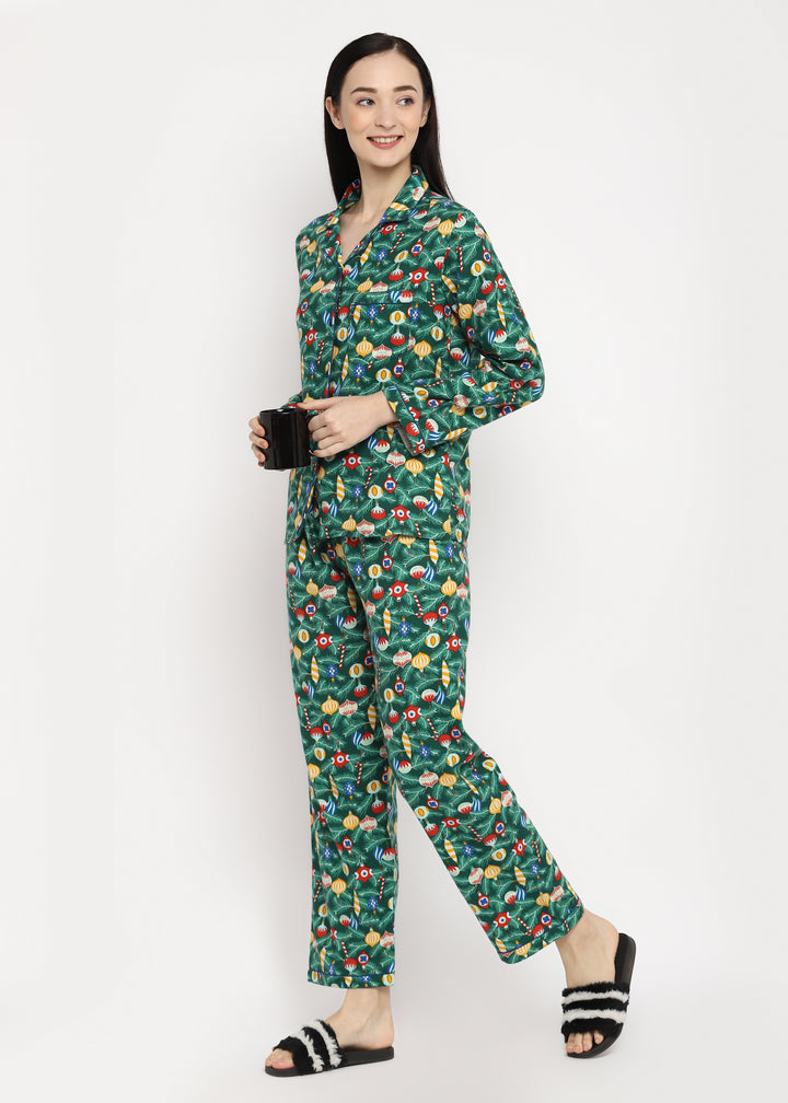 Decorative Christmas Print Cotton Flannel Long Sleeve Women's Night Suit - Shopbloom