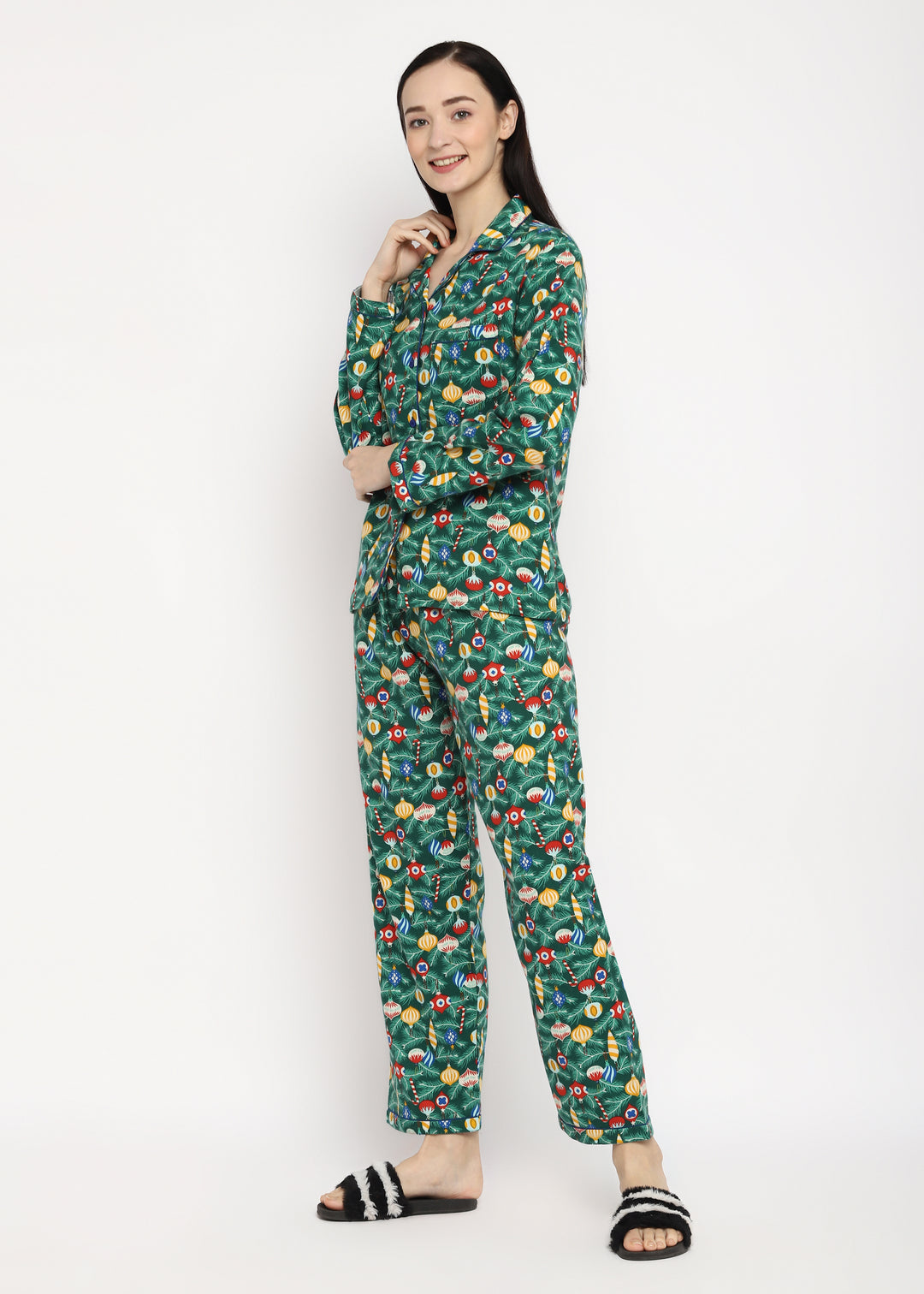 Decorative Christmas Print Cotton Flannel Long Sleeve Women's Night Suit - Shopbloom