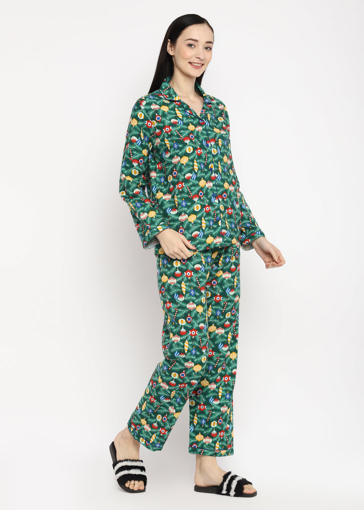 Decorative Christmas Print Cotton Flannel Long Sleeve Women's Night Suit - Shopbloom