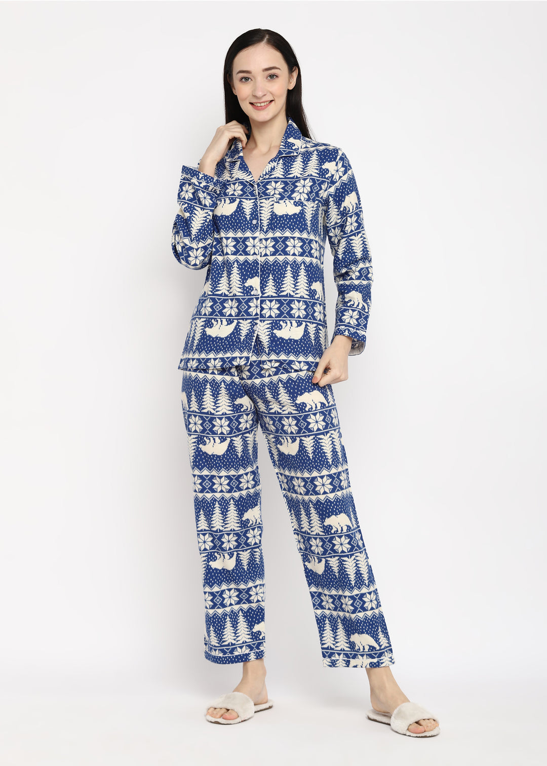 Blue Winterland Print Cotton Flannel Long Sleeve Women's Night Suit - Shopbloom