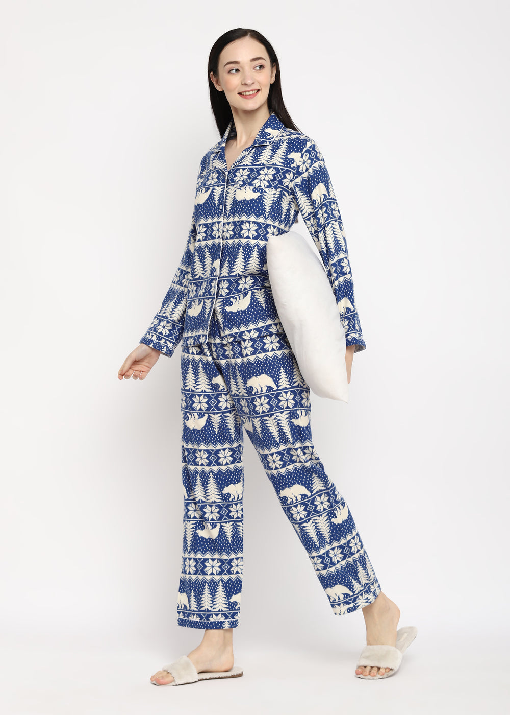 Blue Winterland Print Cotton Flannel Long Sleeve Women's Night Suit - Shopbloom