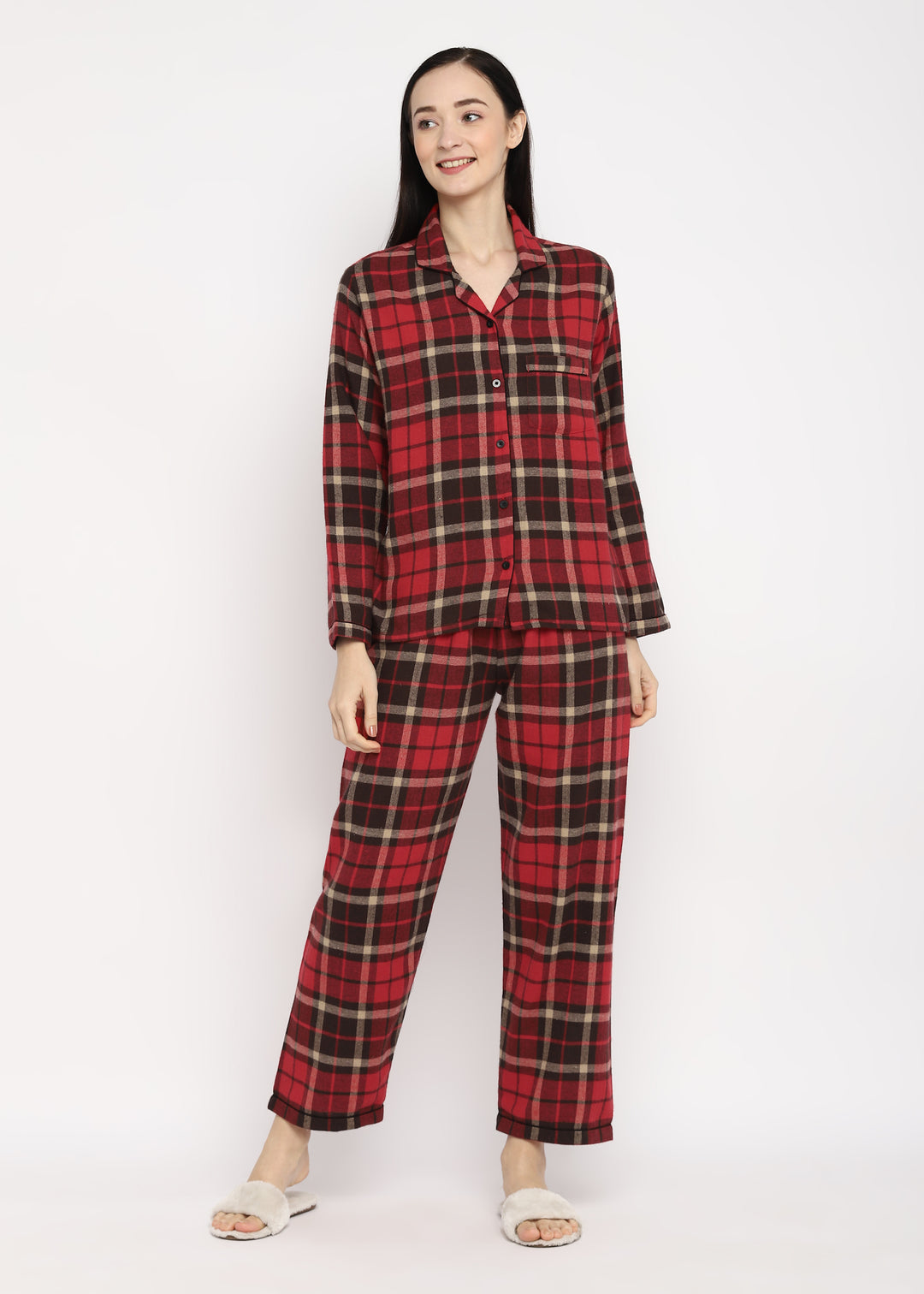 Brown & Grey Checked Print Cotton Flannel Long Sleeve Women's Night Suit - Shopbloom