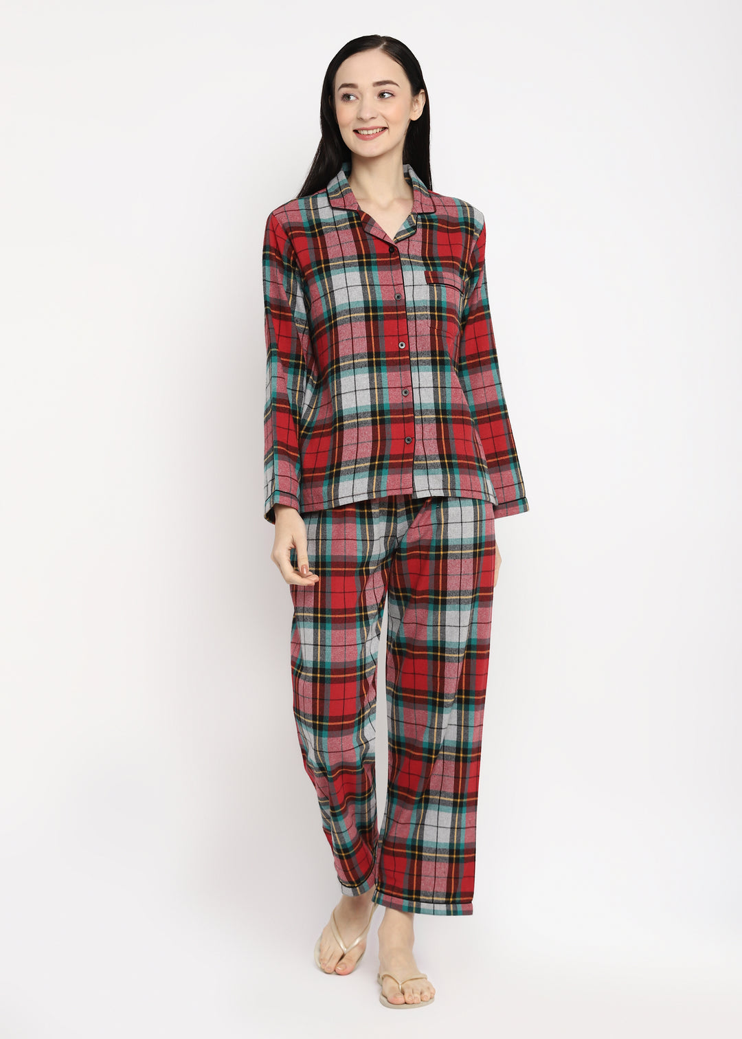 Black & Yellow Checked Print Cotton Flannel Long Sleeve Women's Night Suit - Shopbloom