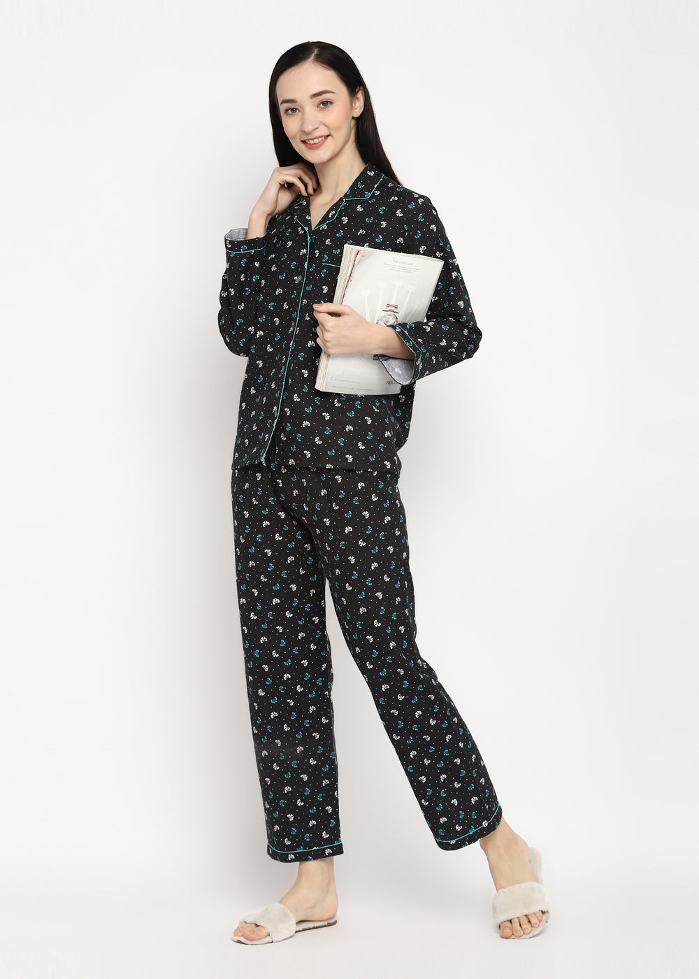 Ribbon Print Cotton Flannel Long Sleeve  Women's Night Suit - Shopbloom