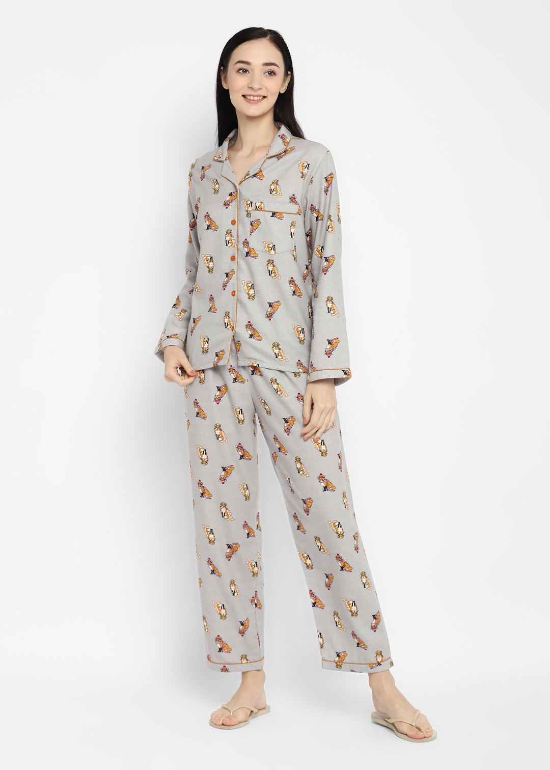 Fox Me Print  Cotton Flannel Long Sleeve Women's Night Suit - Shopbloom