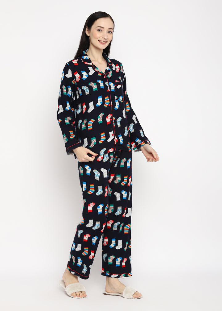 Christmas Socks Print Cotton Flannel Long Sleeve Women's Night Suit - Shopbloom