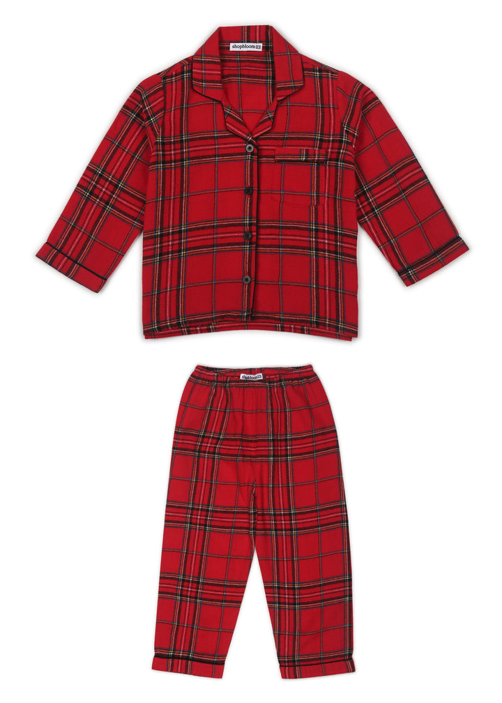 Red and Black Checkered Print Cotton Flannel Long Sleeve Kid's Night Suit - Shopbloom