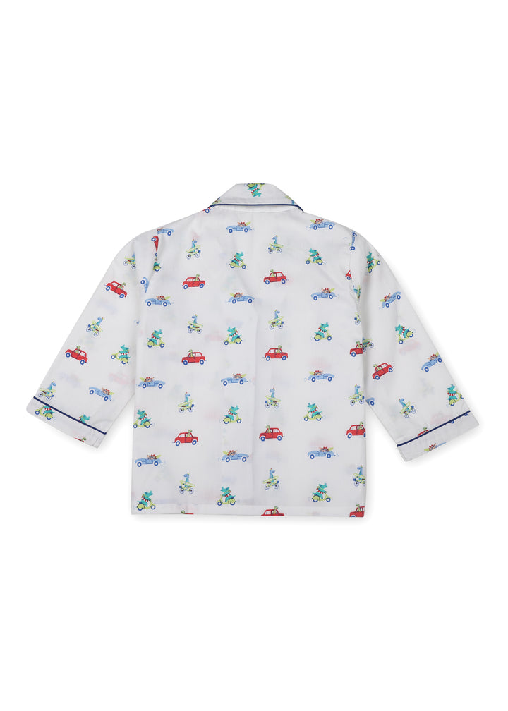 Dino on Wheels Print Long Sleeve Kid's Night Suit - Shopbloom