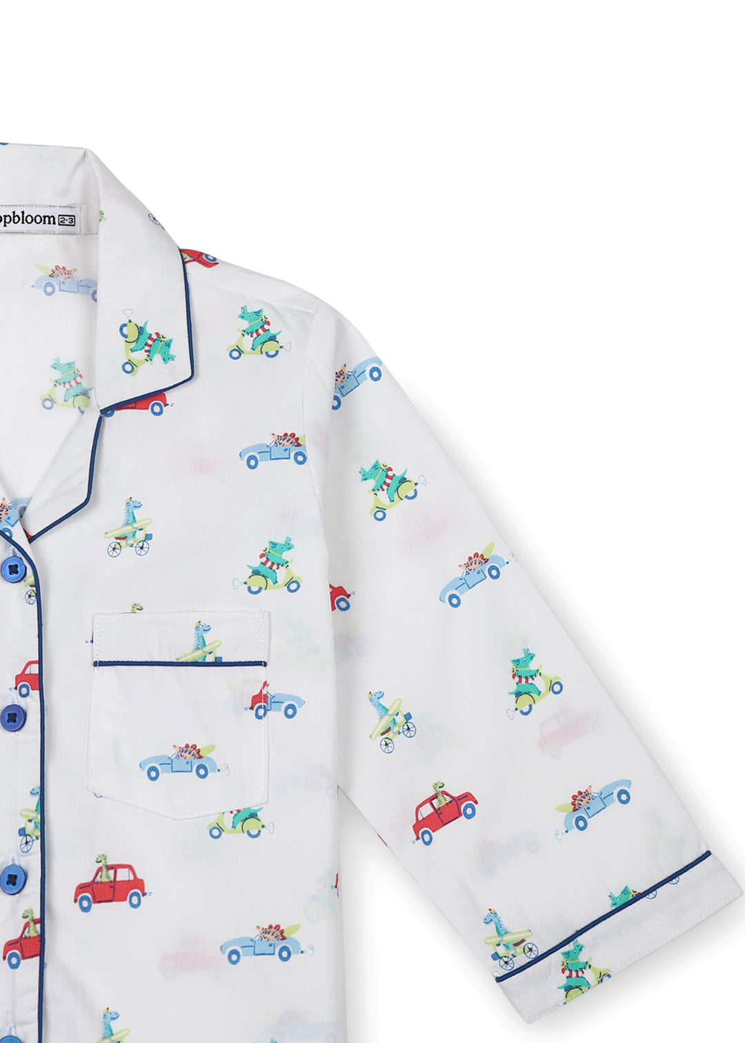 Dino on Wheels Print Long Sleeve Kid's Night Suit - Shopbloom