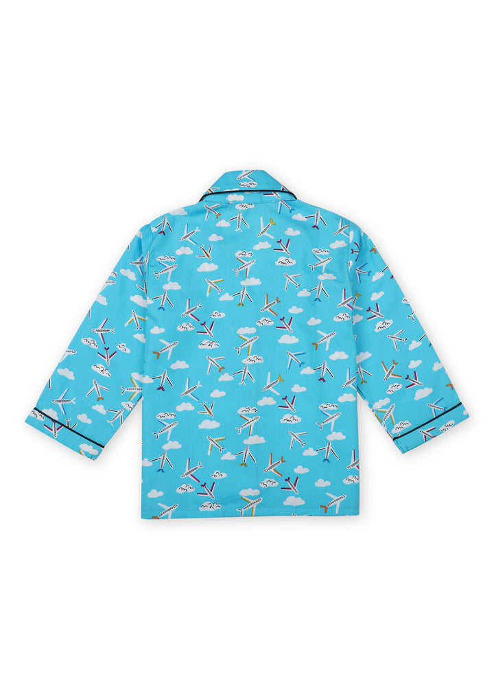 Aeroplane Print Long Sleeve Kid's Night Suit - Shopbloom