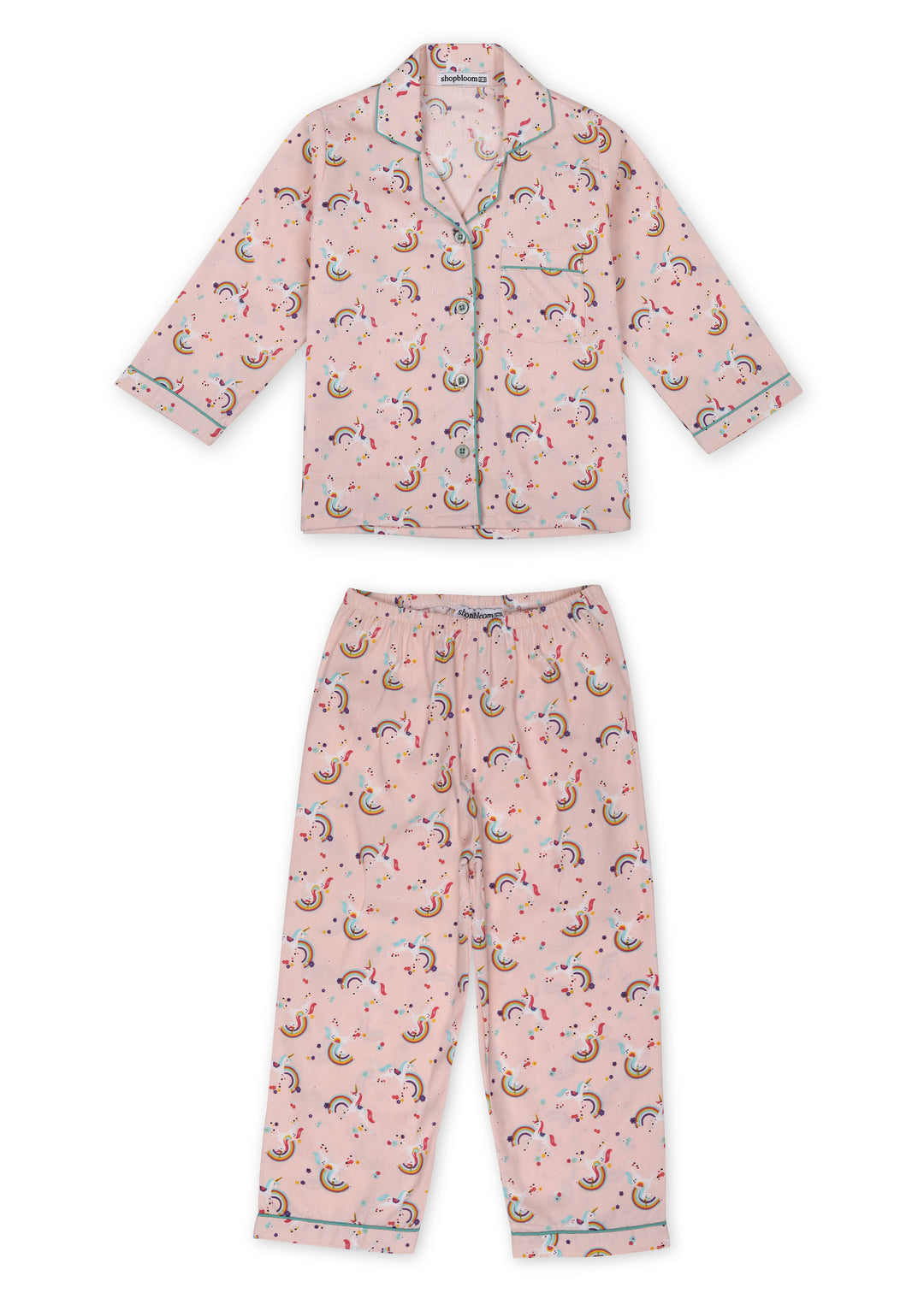 Unicorn and Rainbow Print Long Sleeve Kid's Night Suit - Shopbloom