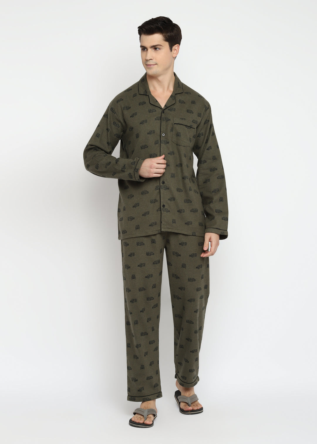 Jeep Print Cotton Flannel Long Sleeve Men's Night Suit - Shopbloom