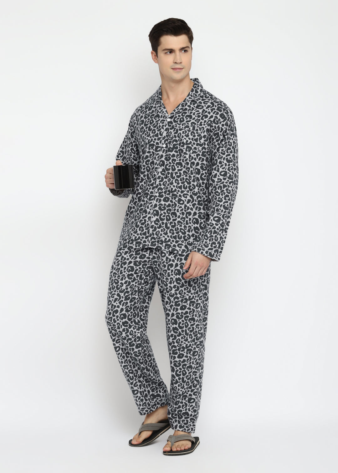 Grey Animal Print Cotton Flannel Long Sleeve Men's Night Suit - Shopbloom