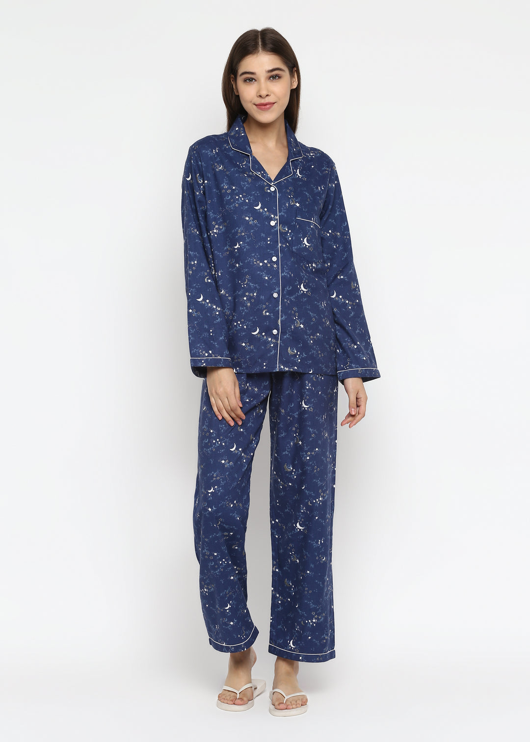 Blue Star and Moon Print Cotton Flannel Long Sleeve Women's Night Suit - Shopbloom