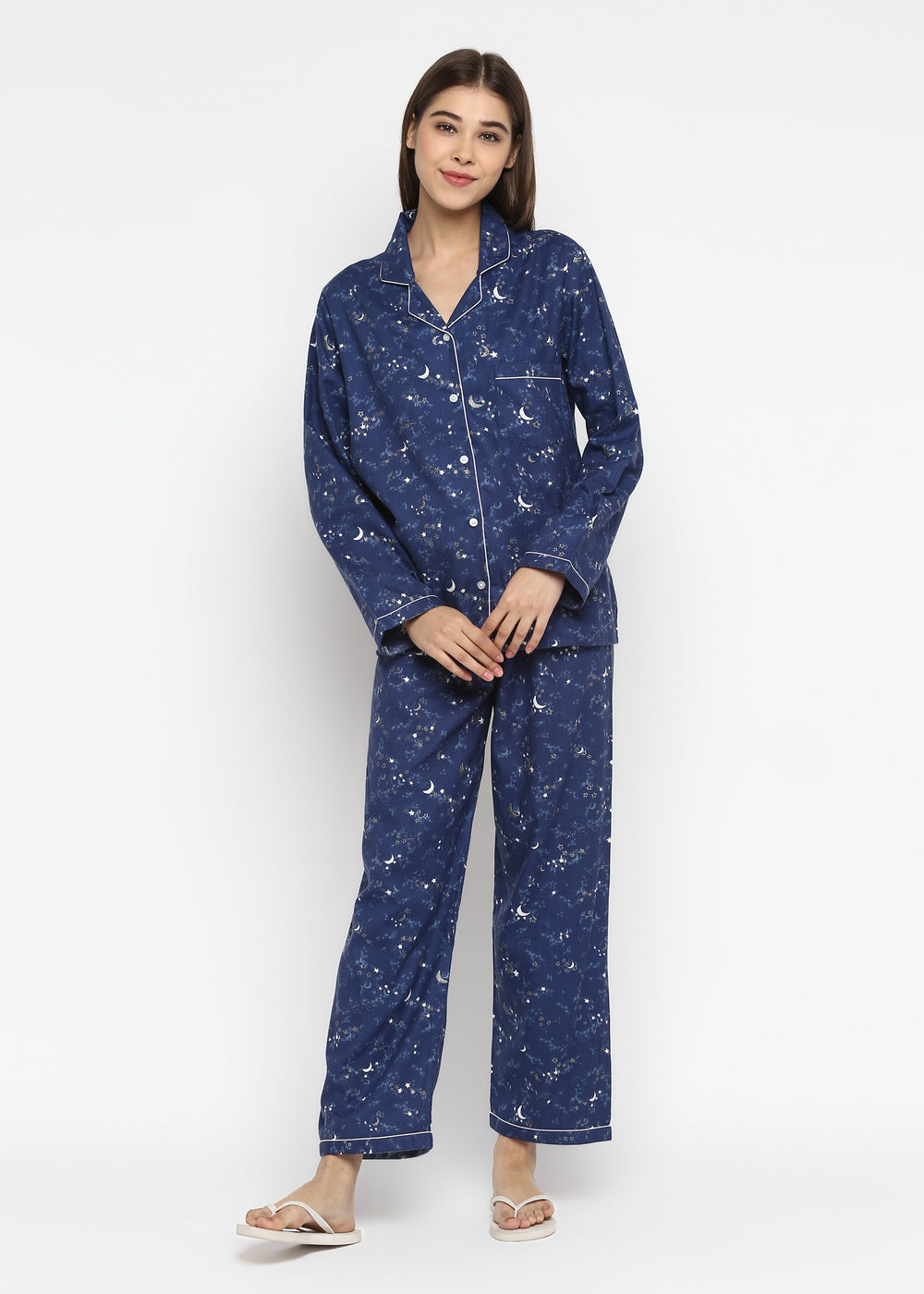 Blue Star and Moon Print Cotton Flannel Long Sleeve Women's Night Suit - Shopbloom