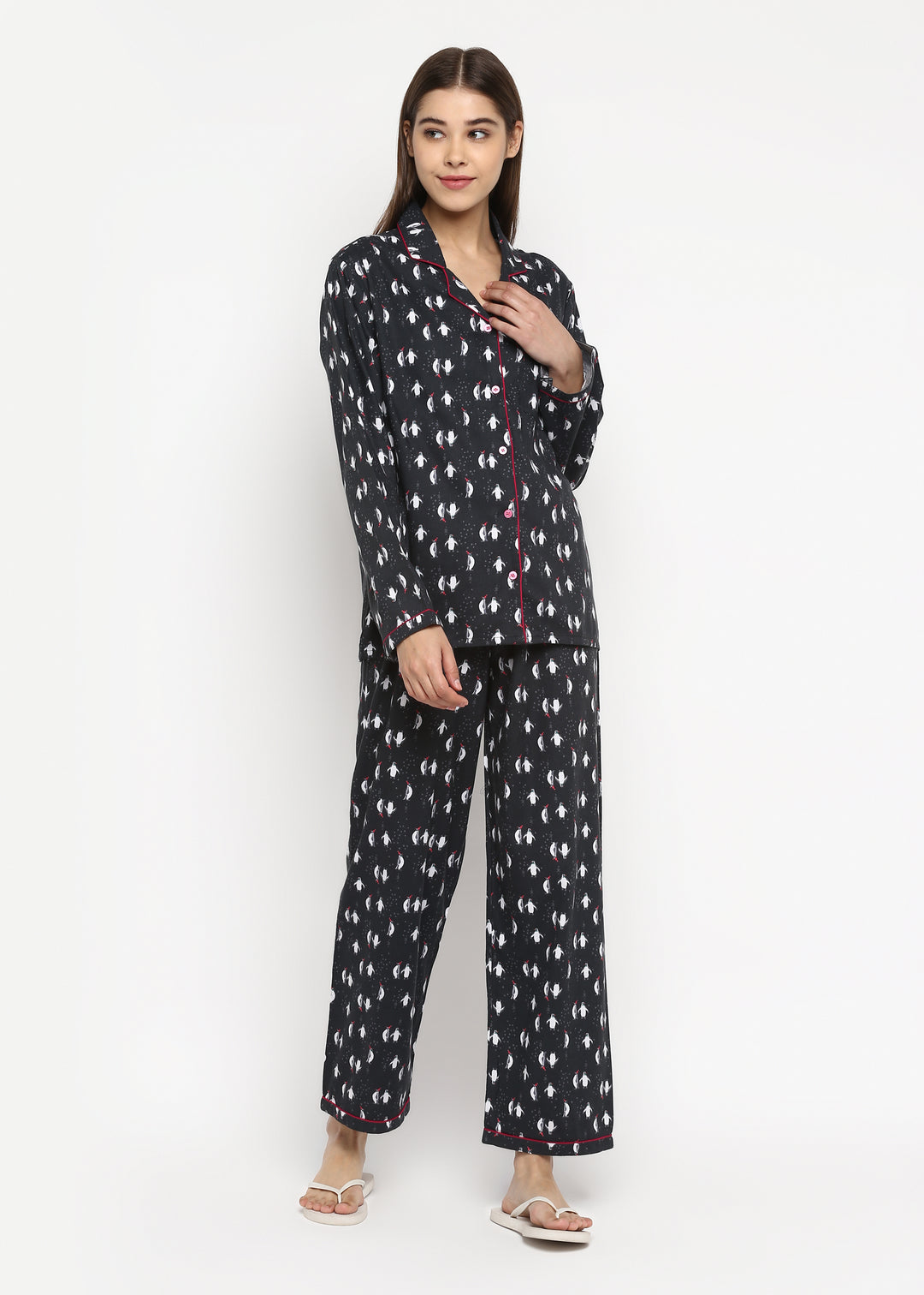 Penguin Love Print Cotton Flannel Long Sleeve Women's Night Suit - Shopbloom