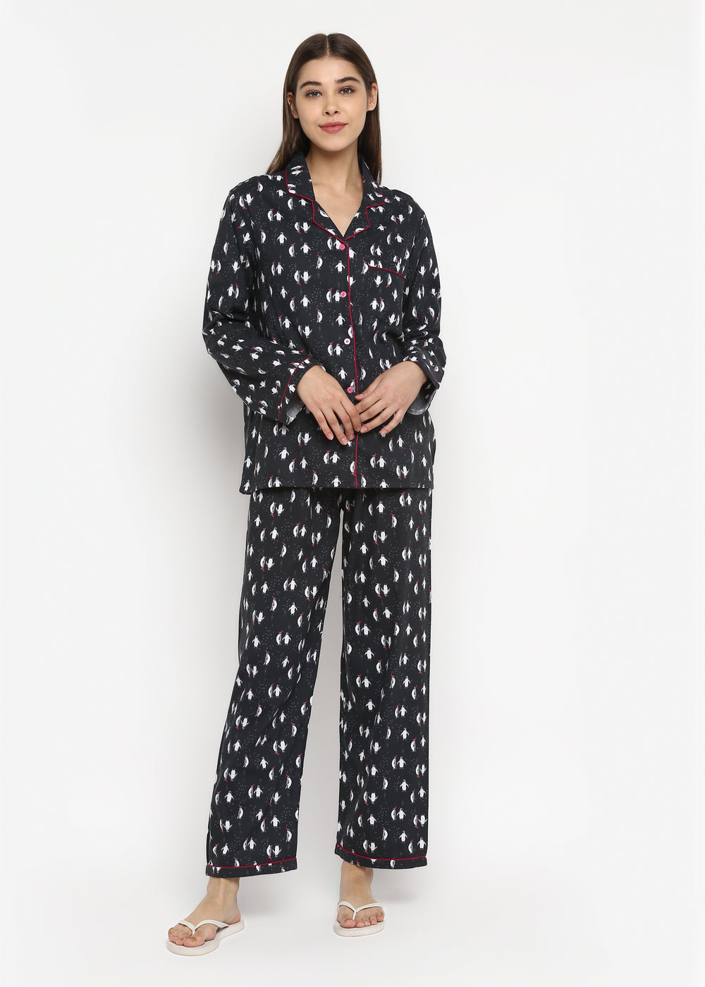 Penguin Love Print Cotton Flannel Long Sleeve Women's Night Suit - Shopbloom