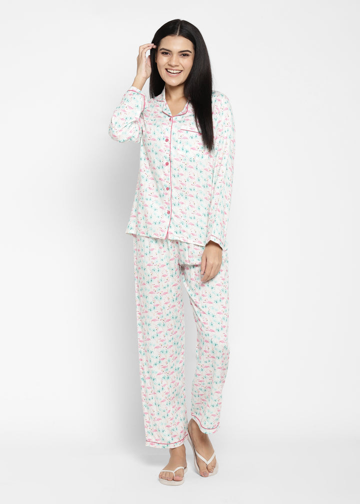 Flamingo Tropical Print Long Sleeve Women's Night Suit - Shopbloom