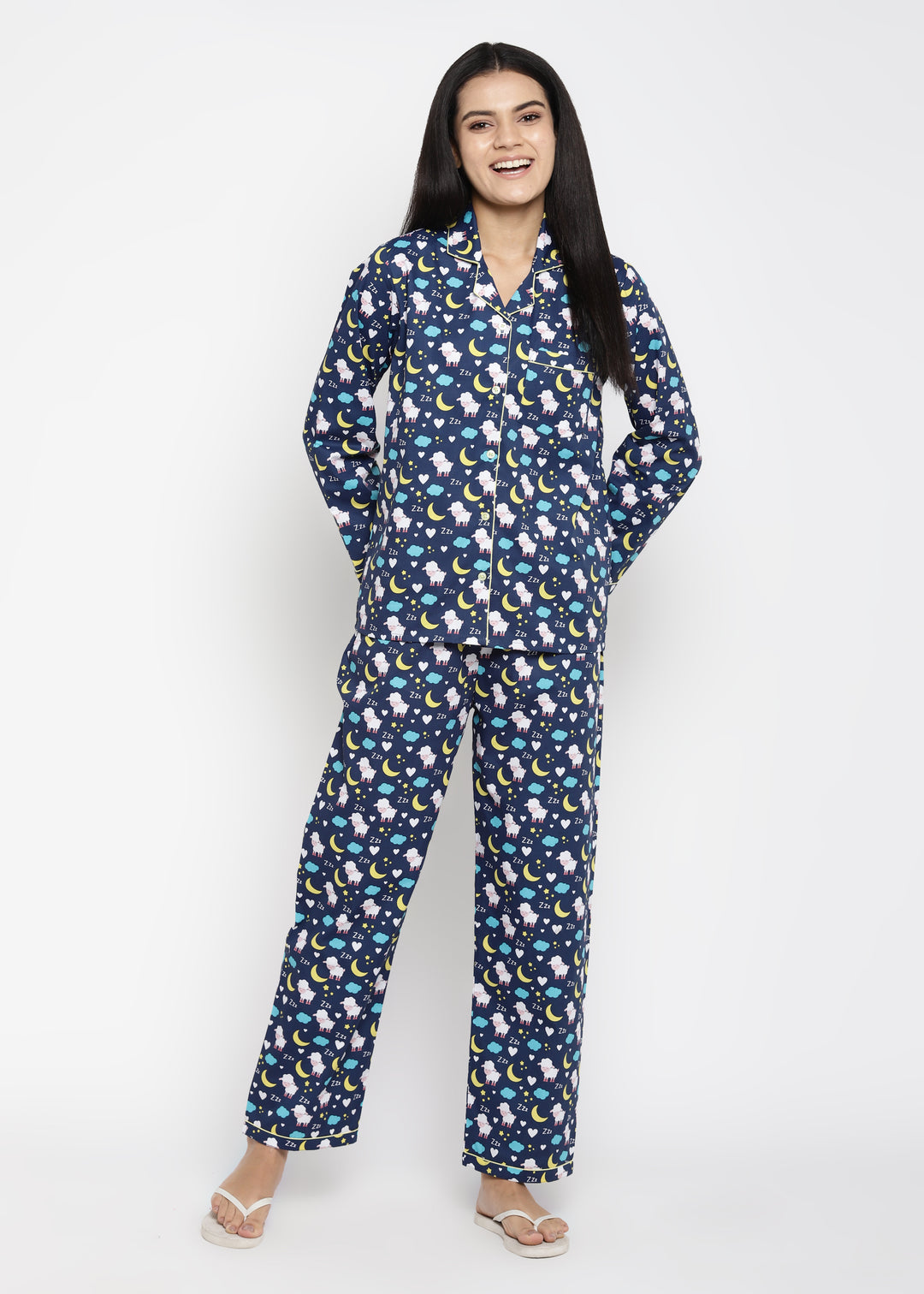 Sleepy Sheep Print Long Sleeve Women's Night Suit - Shopbloom