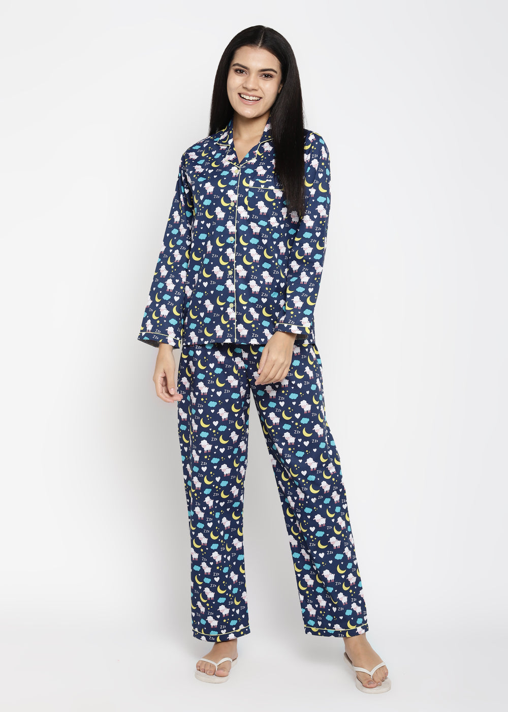 Sleepy Sheep Print Long Sleeve Women's Night Suit - Shopbloom