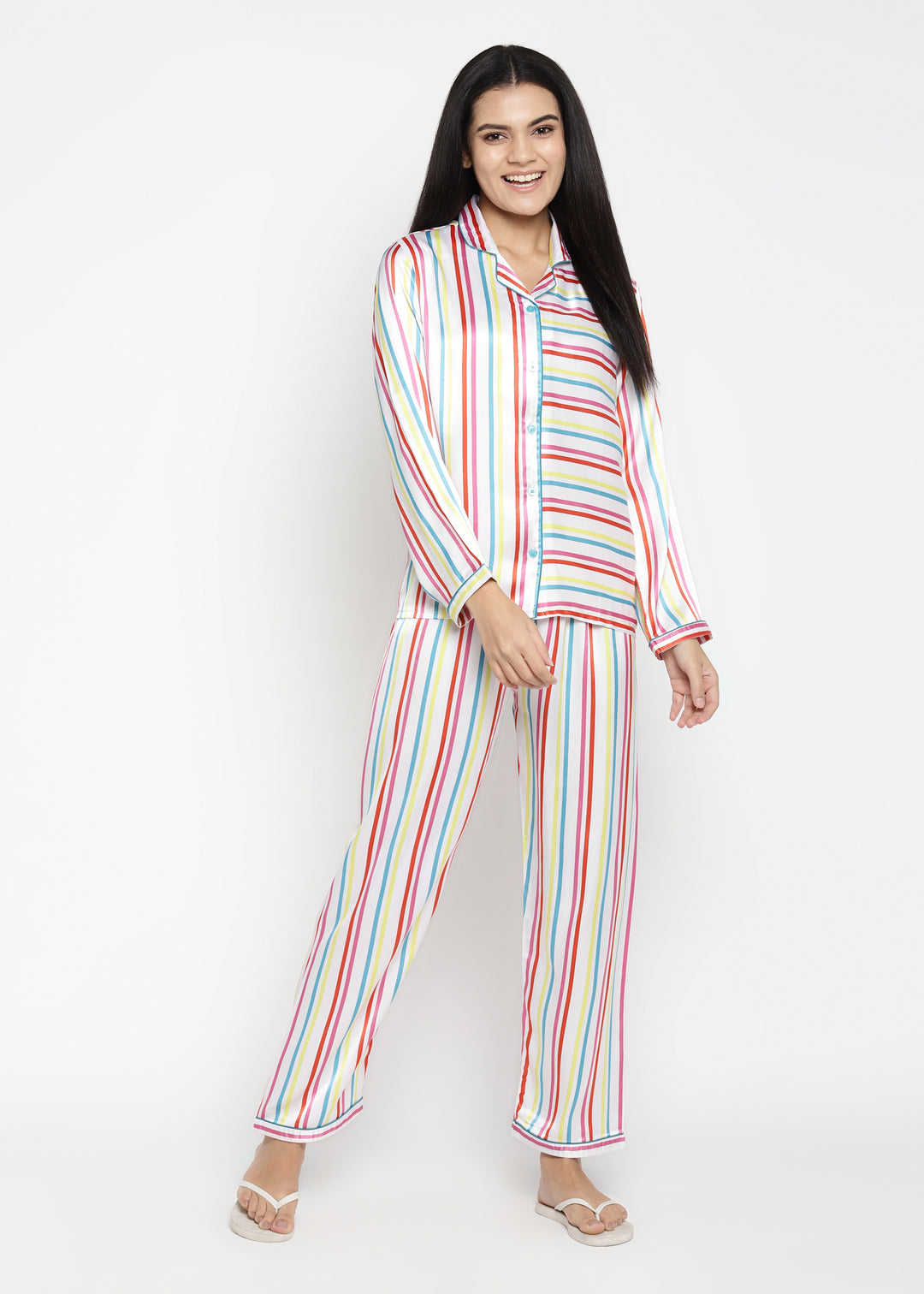 Multi Colored Stripe Satin Long Sleeve Women's Night Suit - Shopbloom