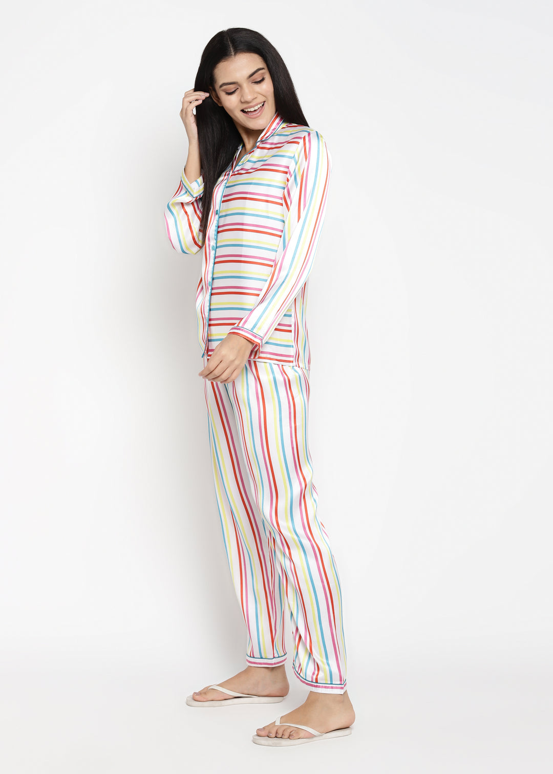 Multi Colored Stripe Satin Long Sleeve Women's Night Suit - Shopbloom