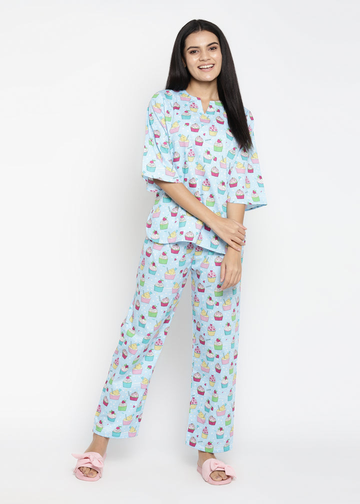 Cupcake Sprinkles Print V Neck Women's Night Suit - Shopbloom